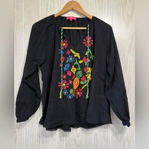 Elaine TurnerTop Womens Pullover Long Sleeve Embroidered Floral Black Top Size L